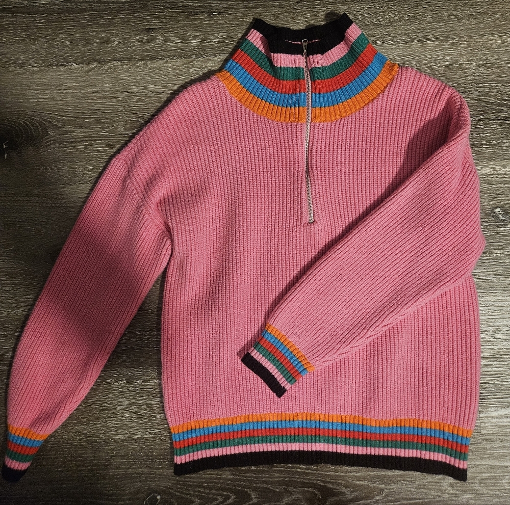 Sugarlips Pink Quarterzip Sweater with Multicolor Stripes